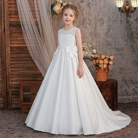 Gaun Komuni Satin Elegan MQATZ untuk Anak Perempuan, dengan Aksen Renda dan Mutiara, Model A-Line Panjang, Gaun Pengiring Pengantin ALP810