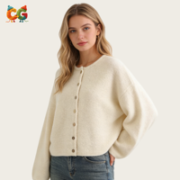 Nouveau cardigan en laine tricotée pour femme CG 2026, coupe ample, à boutonnage simple, manches lanternes, couleur unie, col tricoté, mode décontractée quotidienne