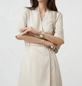 OEM-vestido Midi informal de manga larga con cuello de pico, ropa sencilla de seda y lino a la <span class=keywords><strong>moda</strong></span>, <span class=keywords><strong>2022</strong></span> - Product Image 2