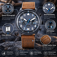 Montre chronographe à quartz pour homme avec logo personnalisé, aiguilles lumineuses, calendrier, bracelet en cuir véritable, montre-bracelet pour affaires