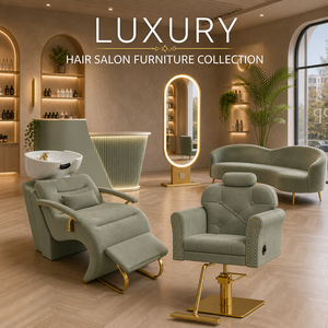 Ensemble de mobilier de salon de coiffure de luxe 5 pièces en velours vert sauge avec finition dorée, poste de lavage, chaise capitonnée, bureau d'accueil, canapé et miroir LED - Product Image 1