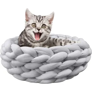 suppliers high quality warm round wool braided woven dog bed soft washable knit weave pet bed