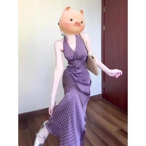Retro Polka Dot <b>Halter</b> <b>Neck</b> Tea-Length Chiffon <b>Dress</b> for Women <b>Purple</b> Elegant Natural Waist Slimming Breathable Pencil - Product Image 1