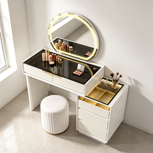 Ensemble coiffeuse extensible avec plateau en verre noir, miroir LED rond, tiroir de rangement divisé, base dorée cannelée et tabouret – Bureau de maquillage pour chambre - Product Image 3