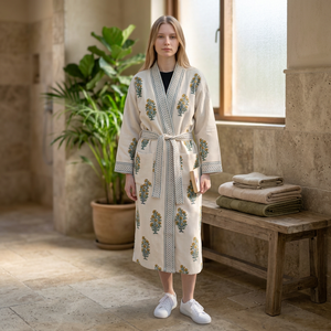 Women Floral Embroidered Waffle Robe Long Sleeve V-Neck Knee Length 100% Cotton Soft Casual Summer <b>Dressing</b> <b>Gown</b> BATH ROBE - Product Image 2