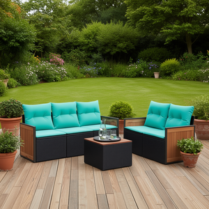 Conjunto de Sofá de Jardín de Ratán Sintético Negro con Cojines, 3 Plazas, Muebles de Exterior, Estructura de Madera de Teca, Diseño Contemporáneo - Product Image 2