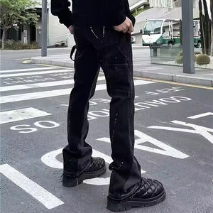 Jeans <span class=keywords><strong>en</strong></span> denim personnalisés, délavés et déchirés, style urbain, coupe droite évasée, motif patchwork - Product Image 4