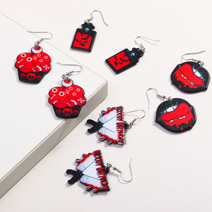 Yiwu gros pas cher Halloween crâne impression ballon gâteau chauve-souris cerise globe oculaire bouche <span class=keywords><strong>sang</strong></span> couteau rouge à lèvres effrayant acrylique goutte boucle d'oreille - Product Image 5