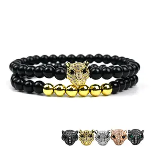 2022 elegante braccialetto di perline a strati Cool braccialetto di leopardo in pietra naturale Punk bracciale Hip Hop in argento dorato per uomo