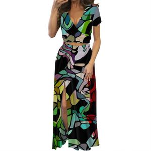 Trừu Tượng Hình Học Khối Màu Sắc Tùy Chỉnh In Của Phụ Nữ Sexy Ngắn Tay Áo Crop Top Và Đùi Cao Slit Dresses Phù Hợp Với 2 Mảnh Bộ - Product Image 4