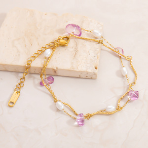 Pulsera de perlas de doble capa con cadena de oro, piedra natural y circonita cúbica para mujer, uso diario. - Product Image 2