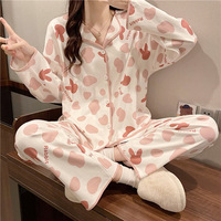 Conjunto de Pijama Transpirable con Estampado de Corazones a la Moda para Mujer, con Cintura Elástica y Mangas Largas, Ropa de Dormir Cómoda y Elegante