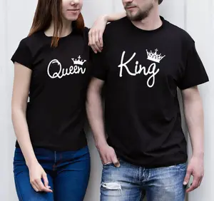 Hoge Kwaliteit Groothandel Kleding Koning En Koningin Hand Schrijven T-shirts Paar Bijpassende Korte Mouw Crew T Shirts