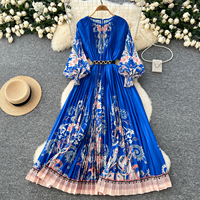 Robe vintage à imprimé pour femmes, ample, à nouer à la taille, col rond, manches lanternes, jupe plissée pressée, robe vintage