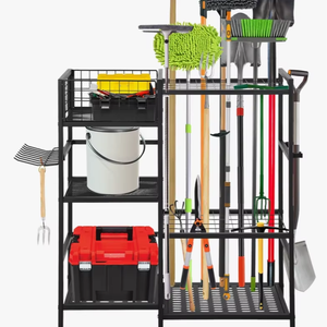 Support de rangement pour outils de jardin en métal à double niveau, pour l'organisation du garage, avec crochets amovibles - Product Image 1