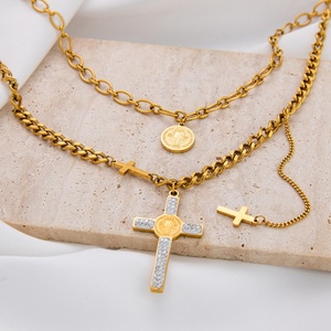 Trendy Personalized 18K Gold Plated <b>Cross</b> Pendant Necklace Princess Cut Stainless Steel Link <b>Chain</b> Luxury Niche for Parties - Product Image 2
