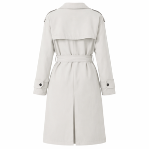 Manteau <span class=keywords><strong>Trench</strong></span> <span class=keywords><strong>Mi</strong></span>-<span class=keywords><strong>Long</strong></span> Personnalisé pour <span class=keywords><strong>Femme</strong></span> en Mélange Lin et Coton <span class=keywords><strong>Beige</strong></span>, Double Boutonnage, Revers Cranté, Ceinture à Nouer, Épaulettes - Product Image 3