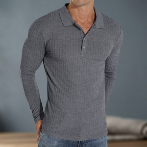 Camisas de manga larga para hombre, clásicas, tejidas, 100% algodón, elásticas, ajustadas, informales, transpirables, de color gris oscuro, tipo polo. - Product Image 2