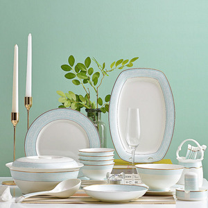 15/28/51-Piece Modern Minimalist Bone China Set From Jingdezhen, Featuring Blue and Gold Rim Designs - Product Image 1