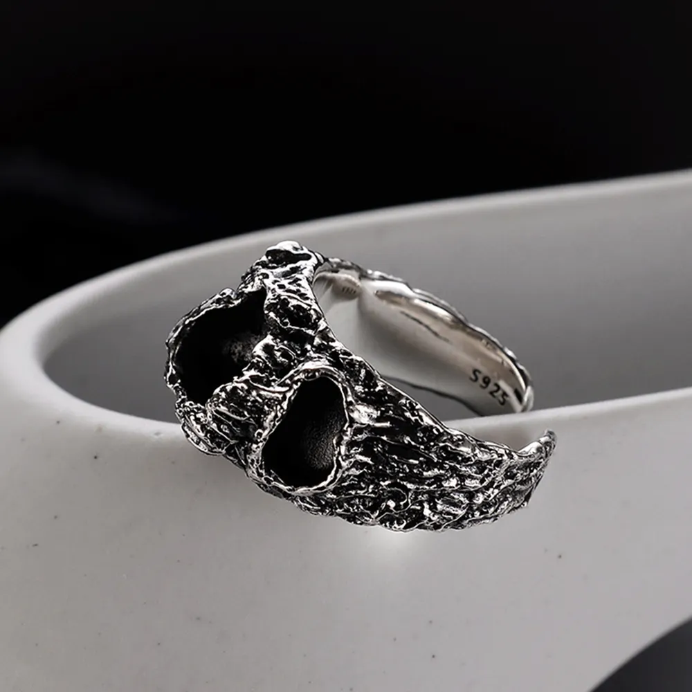 Anel de prata esterlina S925 para mulheres, joia com textura corrosivas, anel vintage com pedras preciosas, anel aberto para os dedos