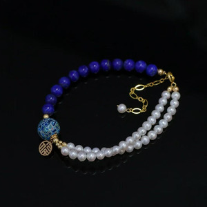 14K Gold Filled Chinese Style <b>Beaded</b> <b>Bracelet</b>, Natural Lapis Lazuli Freshwater Pearl Cloisonne Bead Adjustable <b>Bracelet</b> - Product Image 1