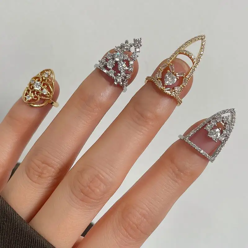 Mùa hè nóng bán DIY Đồng dát Zircon ngón tay sáng bóng trang sức vàng thật mạ mở điều chỉnh Nail Ring đối với phụ nữ
