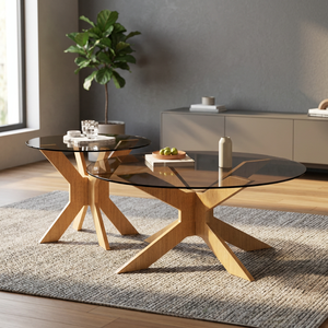 Modern Round Tempered <b>Glass</b> Coffee <b>Table</b> with Wood Base <b>Nesting</b> Design Multi-Purpose Home Furniture - Product Image 2