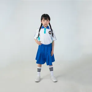 Customized Logo White color Polo shirt Blue color short pants sports Wear Set School uniform Tracksuit