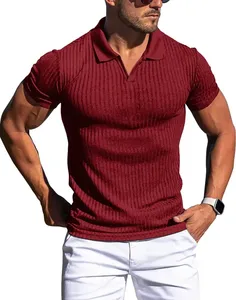 Camisa polo masculina de gola v, sólida, manga curta, esticável, slim fit, para golfe