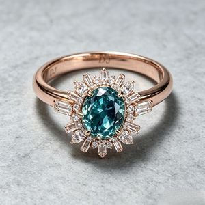 925 Sterling Silver Rose <b>Gold</b> Teal Sapphire Oval <b>Ring</b> Sunburst Halo Diamond <b>Cocktail</b> Statement <b>Ring</b> - Product Image 2