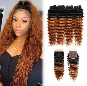 100% human virgin hair weave 1b 30 dark black root brown ombre color deep curly wave 3 bundles with full lace closure