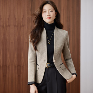 <b>Brown</b> <b>Wool</b> Blazer For Women Autumn Winter Solid Color Warm Woven Jacket Petite Fit - Product Image 3