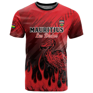 Maillot de l'équipe nationale de football de Mauricienne - T-shirt de football rouge avec motif dodo et flamme, texte « Les Dodos », nom personnalisé - Product Image 1