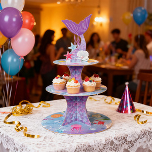 Mermaid Tail Three Tier Paper Cake Stand Round Reusable Birthday Party Dessert <b>Display</b> Decor - Product Image 2