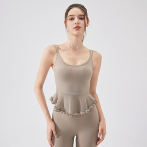 Women U Neck Mesh Ruffle Peplum Sports Tank <b>Top</b> Built In Padded Slim Waist <b>Flowy</b> Yoga Crop <b>Top</b> Sleeveless Pilates Fitness Vest - Product Image 1