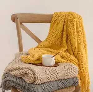 Home Decorative Textured Polyester Solid Wool Knitted Soft Sofa Throw Couch Cover Knit Throw Blankets For Winter