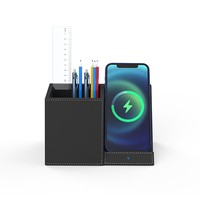 Cargador inalámbrico de escritorio 2 en 1 para teléfono móvil, soporte de carga inalámbrico multifunción, portalápices de cuero, soporte de carga