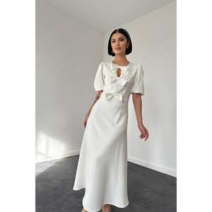 Robe de soirée midi blanche en gros avec détail nœud élégant - Product Image 2