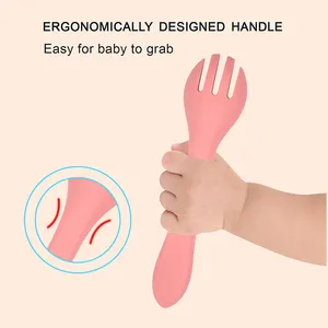 BHD Custom BPA Free First Stage Spoon Fork Set Baby Feeding Product Long Handle Silicone Spoons