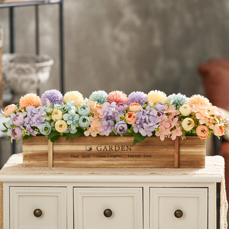 Boîte en bois longue de 50 cm - Hortensia fleur multicolore