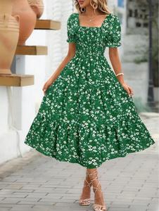 Robe élégante pour femme, col <span class=keywords><strong>carré</strong></span>, manches bouffantes courtes, imprimé floral multicolore, ourlet à volants superposé, <span class=keywords><strong>coupe</strong></span> trapèze, style romantique - Product Image 3