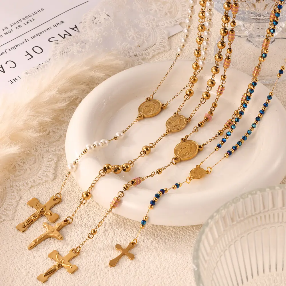 FY Modeschmuck christliche defektfreie geschnitzte Scheiben Edelstahl-Charme langes Kreuz Jesus Anhänger Gebetsperlen Halsketten