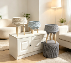Bohemian Geometric Embossed Wide Bowl Tripod Plant <b>pot</b>, Tribal Pattern Standing <b>Flower</b> Planter with Wooden Legs, Indoor Outdoor - Product Image 2