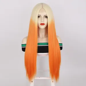 लंबी गोरा नारंगी सिंथेटिक फीता Wigs उच्च गुणवत्ता थोक महिलाओं के लिए सीधे बाल मध्य भाग प्राकृतिक गोरा गुलाबी लाल Wigs