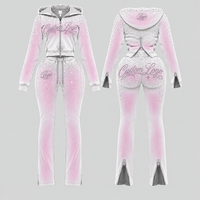 Ensemble de survêtement vintage 2 pièces pour femme avec logo personnalisé du fabricant OEM, respirant, comprenant un sweat à capuche court et un pantalon de survêtement à taille élastique et ourlet fendu
