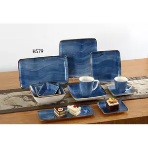 Wholesale New Blue Square Bowl Plate Porcelain Fish Plates Dinnerware Cup Color Ceramic for Home Carton Dinnerware Sets Country