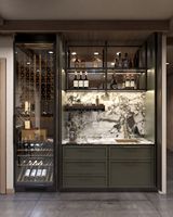 Armoire à vin intégrée moderne de luxe vert foncé avec évier intégré et espace de présentation pour bar à domicile
