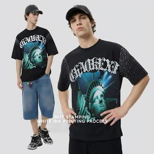 T-shirt vintage streetwear pour <span class=keywords><strong>homme</strong></span>, coton 230g, motif <span class=keywords><strong>Liberty</strong></span>, avec strass thermocollés et impression numérique à l'encre blanche - Product Image 2