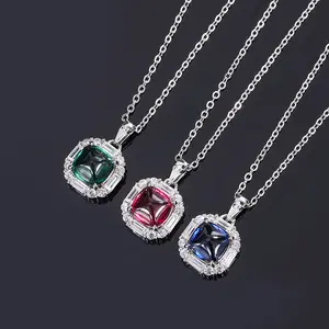 Custom Women Fine Jewelry 925 Sterling Silver Geometric Emerald Sugar tart Ruby Sapphire Inlay DIamond Square Pendant Necklace