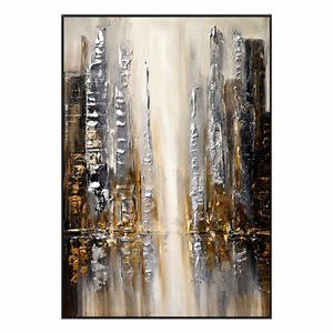 Pintura Abstracta Impresa en Lienzo con Diseño del Horizonte Urbano Metropolitano en Plata y Oro para Decoración de Oficinas, Hoteles, Vestíbulos y Entradas - Product Image 2